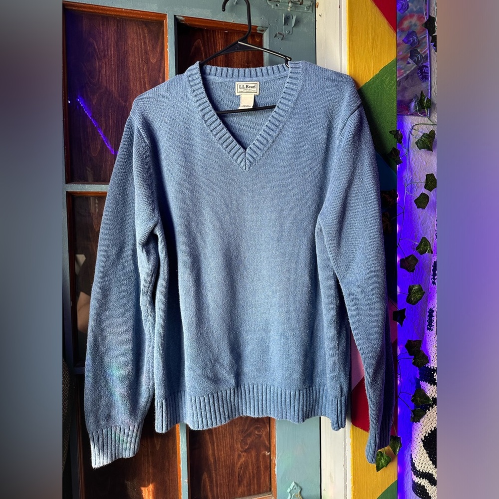L.L.Bean Mens Blue V Neck Cotton Pullover Sweater MEDIUM REGULAR